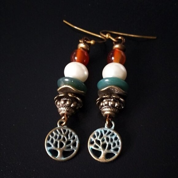 Agate Carnelian Faux Pearls + Patina'd Tree of Life Earrings - Upscale & Trendy - Picture 2 of 8